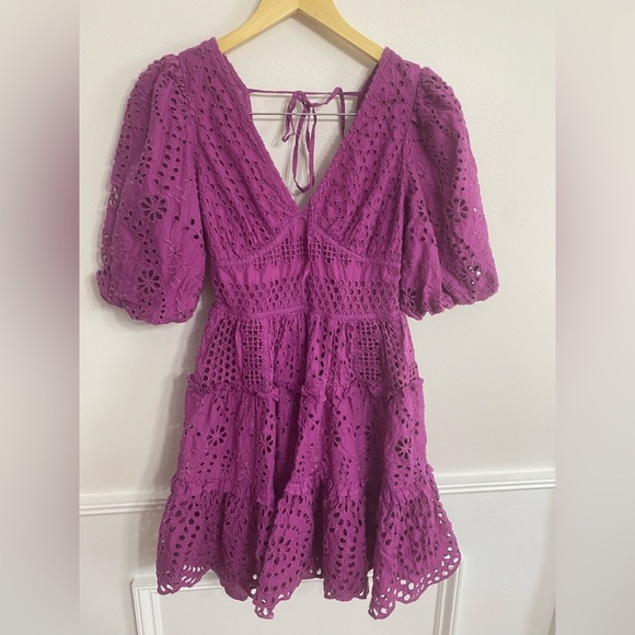 Cynthia Rowley Purple Eyelet Embroidered Fit & Flare Smocked Mini Dress Size 2 - Picture 3 of 8